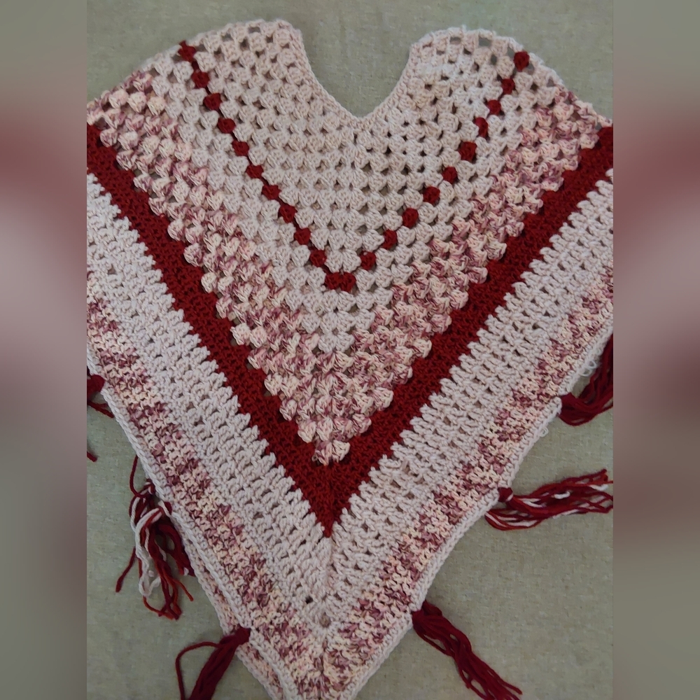 Crochet Poncho, Girl's size Large Pink and Red Colors Handmade Crochet Poncho - Picture 2 of 7